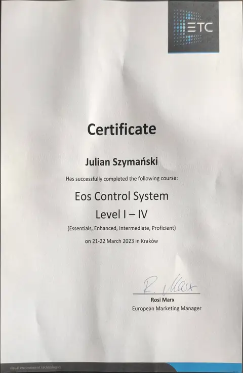 Certyfikat ETC Eos Control System Level I–IV - zdjęcie 1